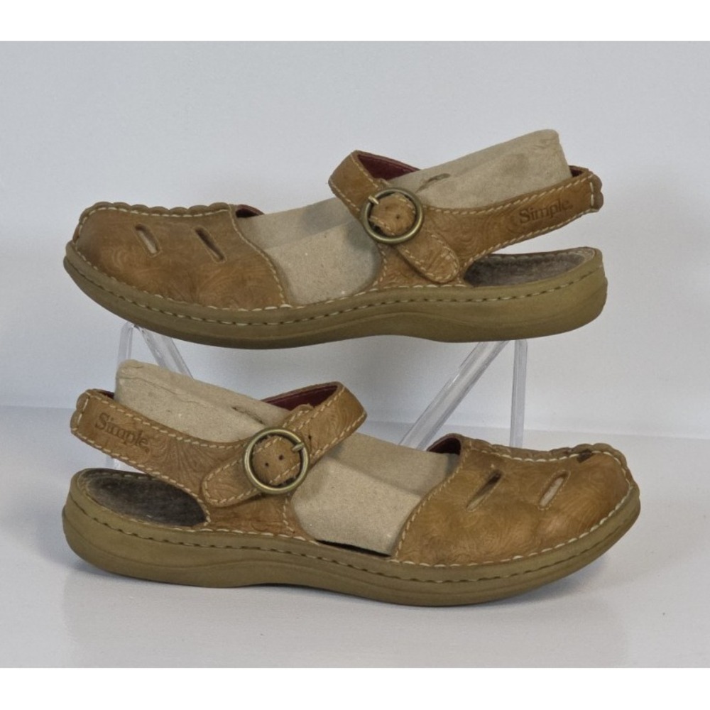 SIMPLE Brown Embossed Leather Closed Toe Women's 9 EUR 40 Comfort Buckle Sandals
